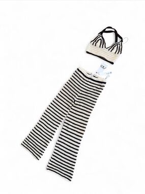 Stripe Knit Bralette and Pant Set - Black & Cream